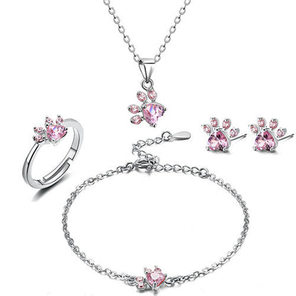 Coffret Bijou Or Rose Patte – 4 Pièces avec Cœur Zircone (Bague, Collier, Boucles d'oreilles, Bracelet)