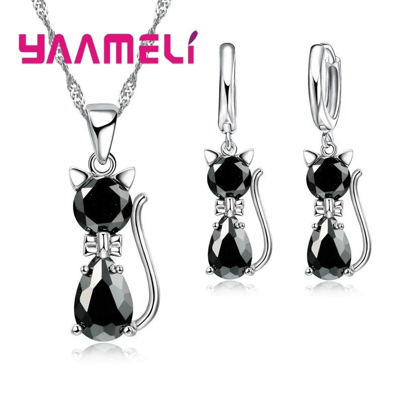 Collier et boucles d'oreilles chat avec zircon