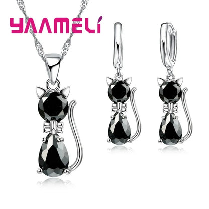 Collier et boucles d'oreilles chat avec zircon