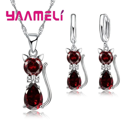 Collier et boucles d'oreilles chat avec zircon