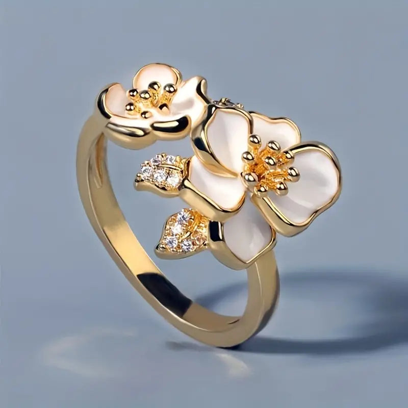 Bague Fleur Émail Blanc Or Vintage