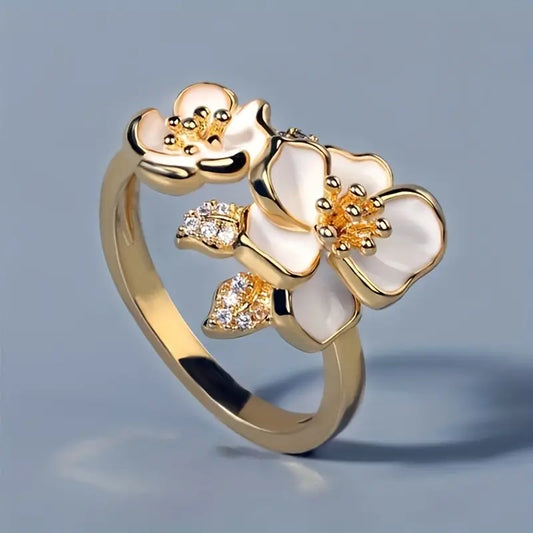 Bague Fleur Émail Blanc Or Vintage
