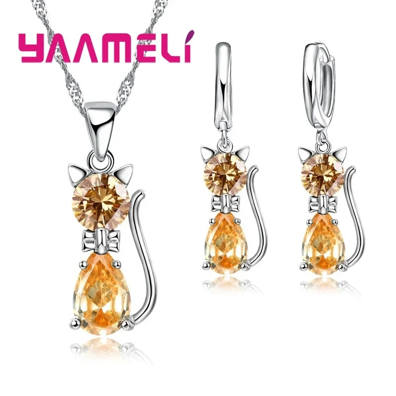 Collier et boucles d'oreilles chat avec zircon