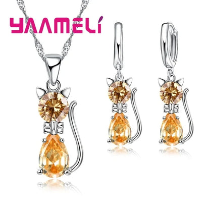 Collier et boucles d'oreilles chat avec zircon
