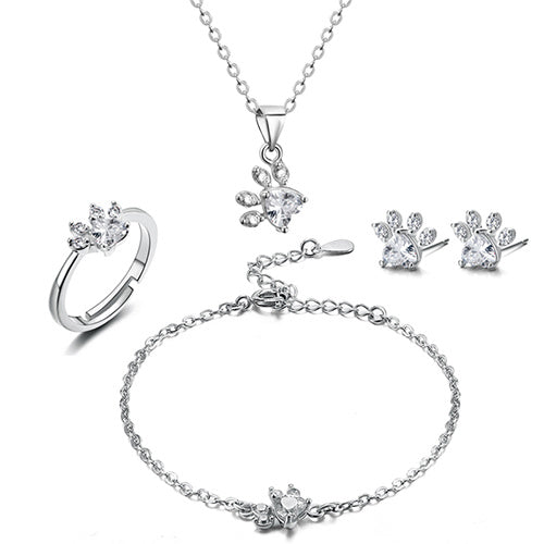 Coffret Bijou Or Rose Patte – 4 Pièces avec Cœur Zircone (Bague, Collier, Boucles d'oreilles, Bracelet)