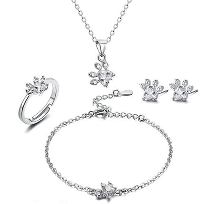 Coffret Bijou Or Rose Patte – 4 Pièces avec Cœur Zircone (Bague, Collier, Boucles d'oreilles, Bracelet)
