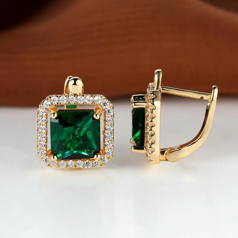 Boucles d'oreilles Zircone Cubique Verte Dorée | Or