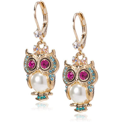 Boucles d'oreilles Hibou Cristal Vintage – Placé Or, Cristaux Montés à la Main et Détail Perle