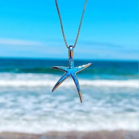 Collier opale bleue et étoile de mer en argent