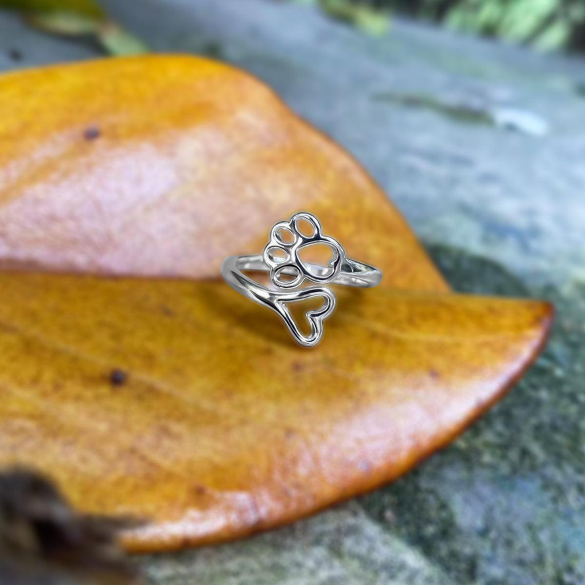 Bague Patte et Cœur Réglable – Acier Inoxydable