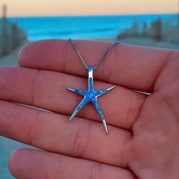 Collier opale bleue et étoile de mer en argent