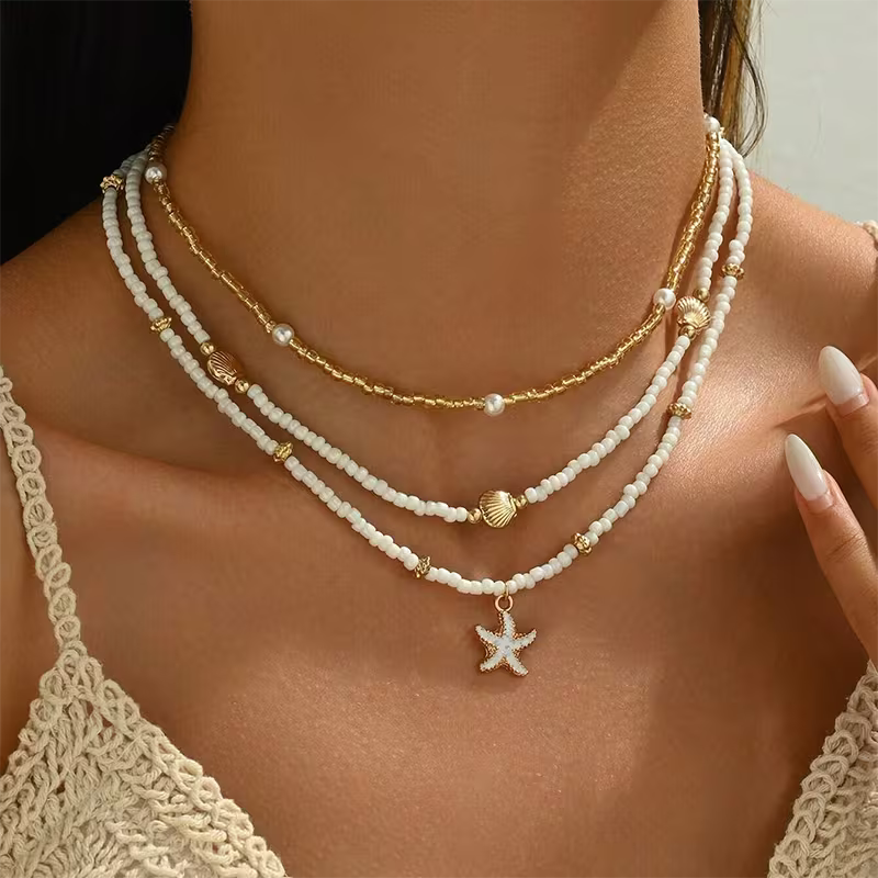 Ensemble de 3 colliers bohèmes avec coquillage et étoile de mer