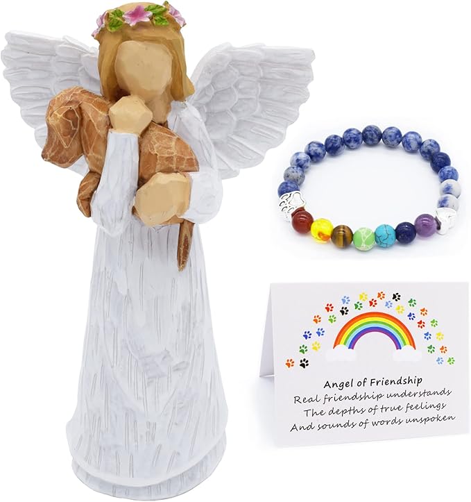 Coffret Cadeau Commémoratif Chien avec Figurine Ange d'Amitié et Bracelet Chakra Pont Arc-en-Ciel