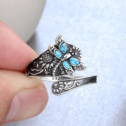 Bague Enveloppante Turquoise Vintage – Bijou Boho Réglable en Argent Sterling avec Libellule