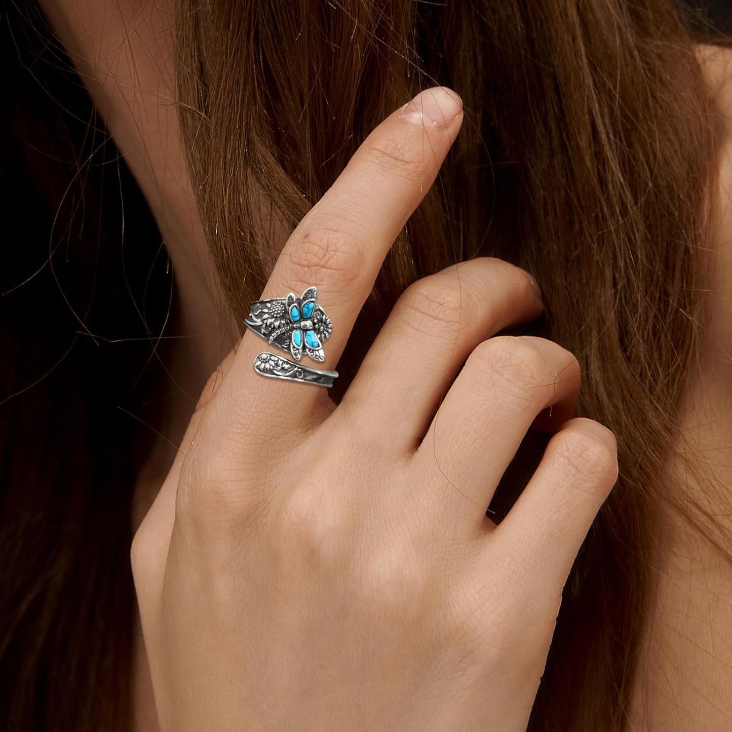 Bague Enveloppante Turquoise Vintage – Bijou Boho Réglable en Argent Sterling avec Libellule