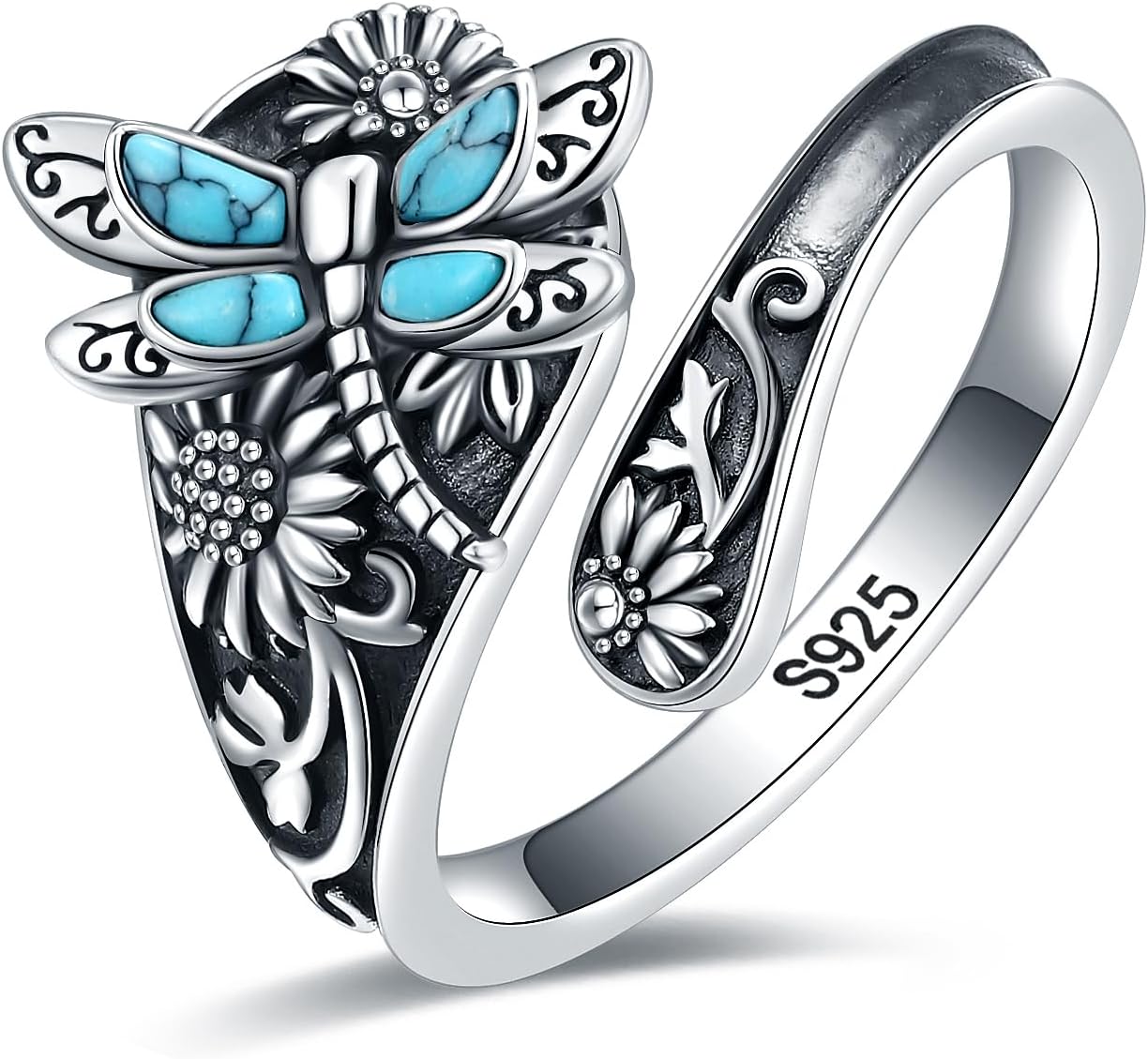 Bague Enveloppante Turquoise Vintage – Bijou Boho Réglable en Argent Sterling avec Libellule