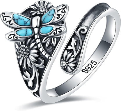 Bague Enveloppante Turquoise Vintage – Bijou Boho Réglable en Argent Sterling avec Libellule