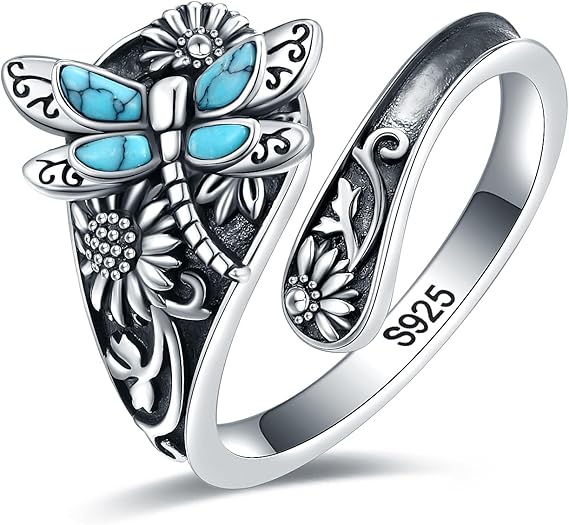 Bague Enveloppante Turquoise Vintage – Bijou Boho Réglable en Argent Sterling avec Libellule