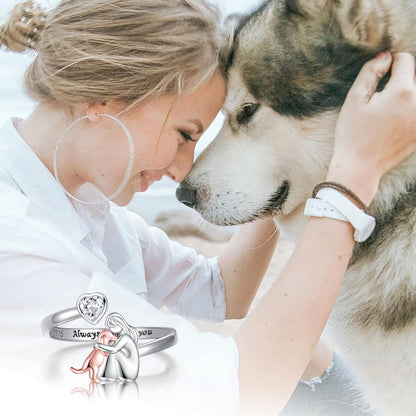 Bague Chien Réglable en Argent Sterling 925 – « Toujours dans mon Cœur » avec Zircone