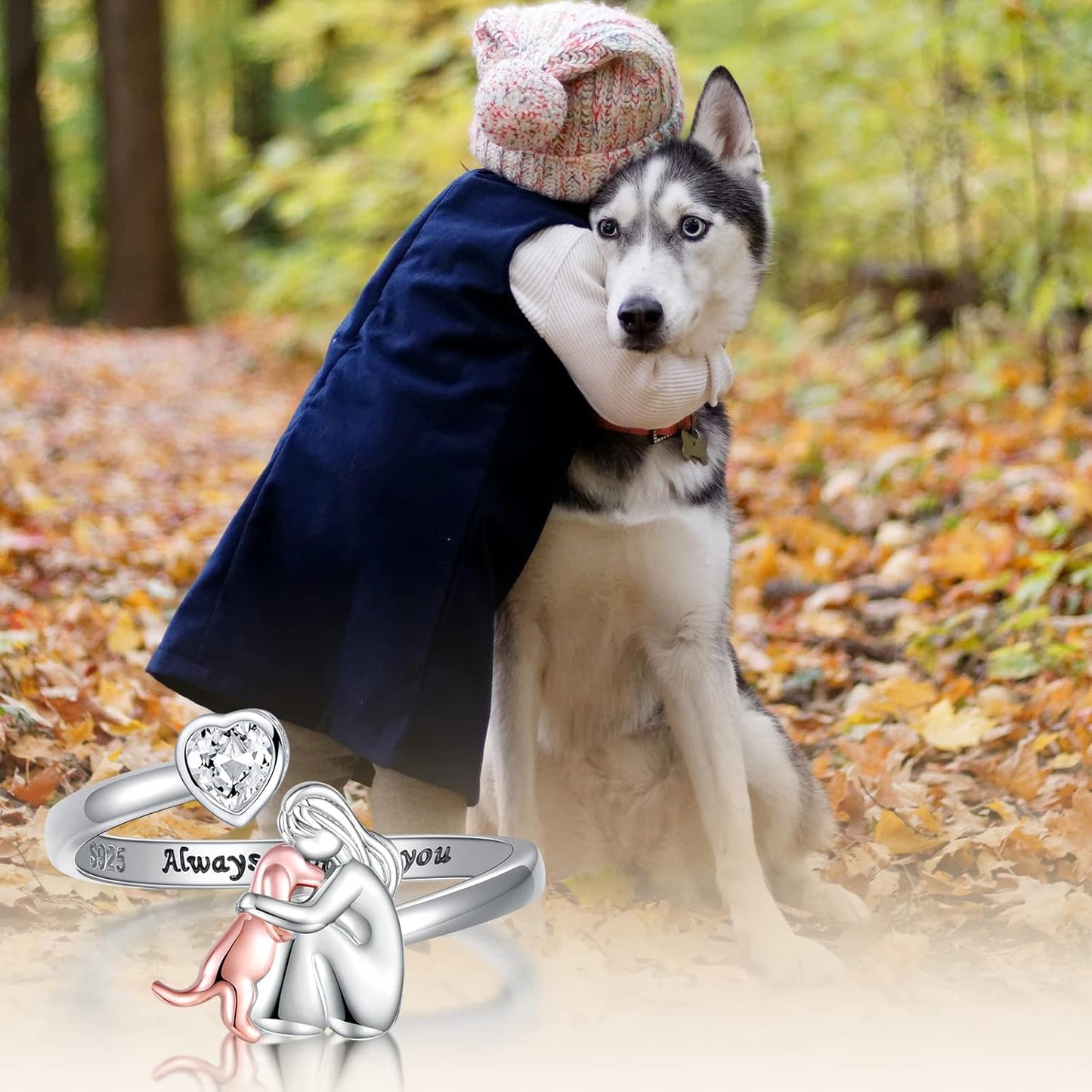 Bague Chien Réglable en Argent Sterling 925 – « Toujours dans mon Cœur » avec Zircone
