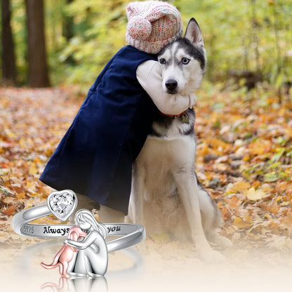 Bague Chien Réglable en Argent Sterling 925 – « Toujours dans mon Cœur » avec Zircone
