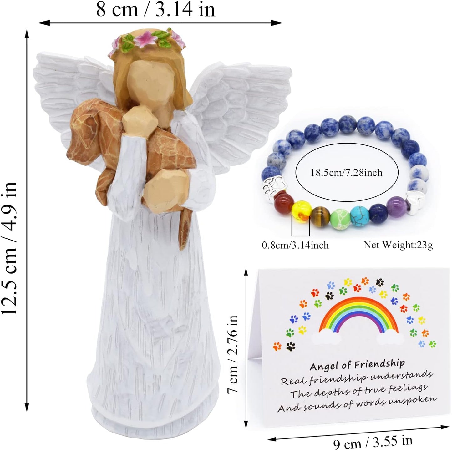 Coffret Cadeau Commémoratif Chien avec Figurine Ange d'Amitié et Bracelet Chakra Pont Arc-en-Ciel