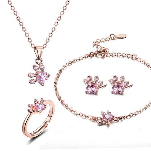 Coffret Bijou Or Rose Patte – 4 Pièces avec Cœur Zircone (Bague, Collier, Boucles d'oreilles, Bracelet)
