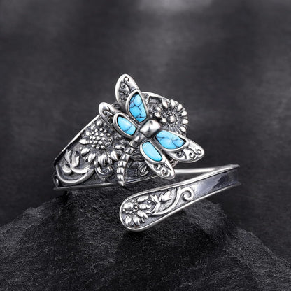 Bague Enveloppante Turquoise Vintage – Bijou Boho Réglable en Argent Sterling avec Libellule