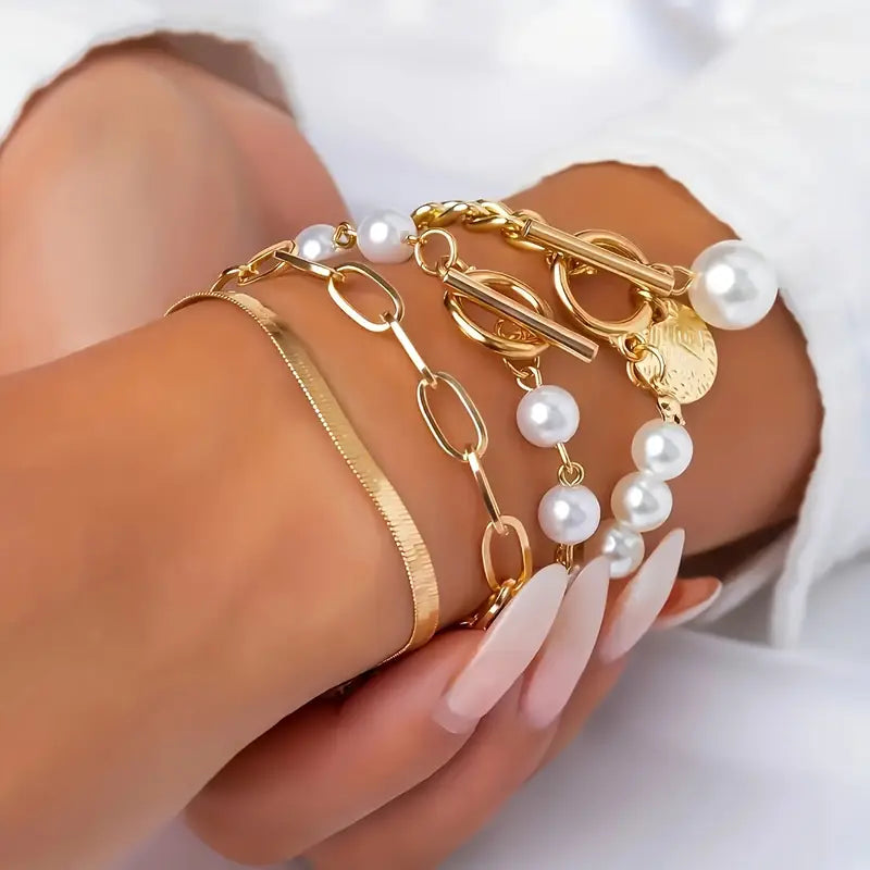 Set de Bracelets Chic Gold 4 pièces - Serpent, Perles et Maillons | Or