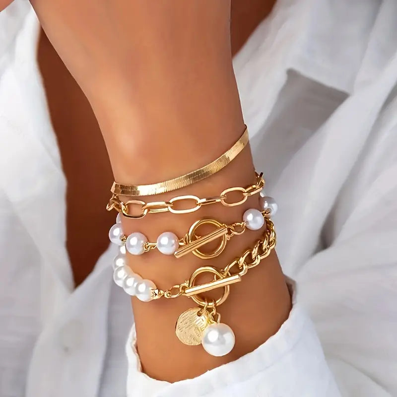 Set de Bracelets Chic Gold 4 pièces - Serpent, Perles et Maillons | Or