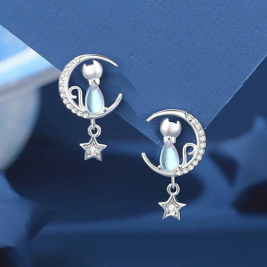 Boucles d'oreilles Chat Lune et Étoile en Argent Sterling 925 avec Zircone