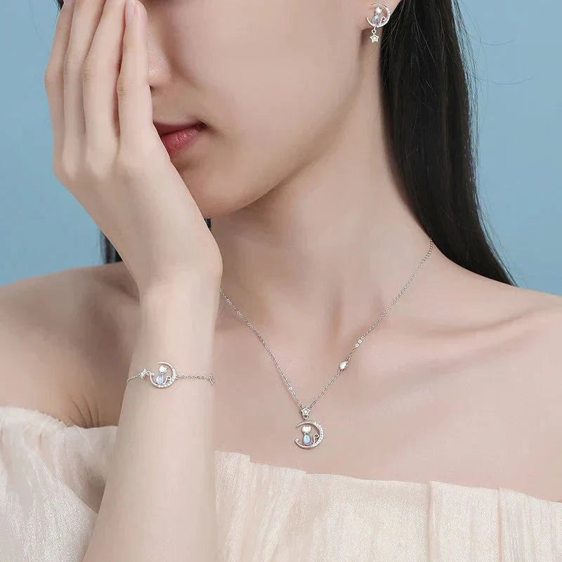 Boucles d'oreilles Chat Lune et Étoile en Argent Sterling 925 avec Zircone