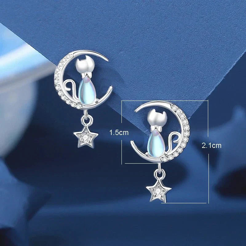 Boucles d'oreilles Chat Lune et Étoile en Argent Sterling 925 avec Zircone