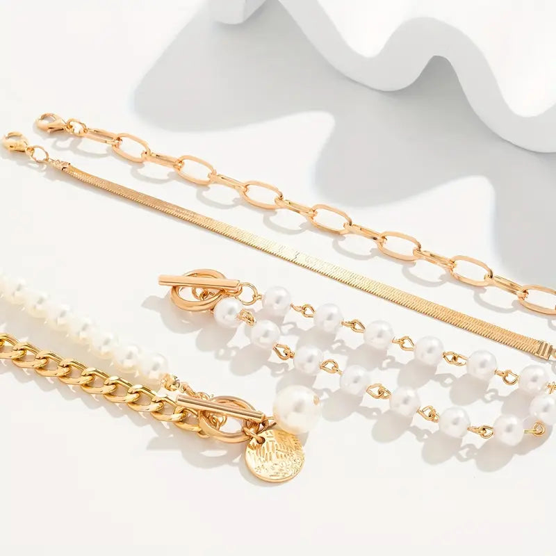 Set de Bracelets Chic Gold 4 pièces - Serpent, Perles et Maillons | Or