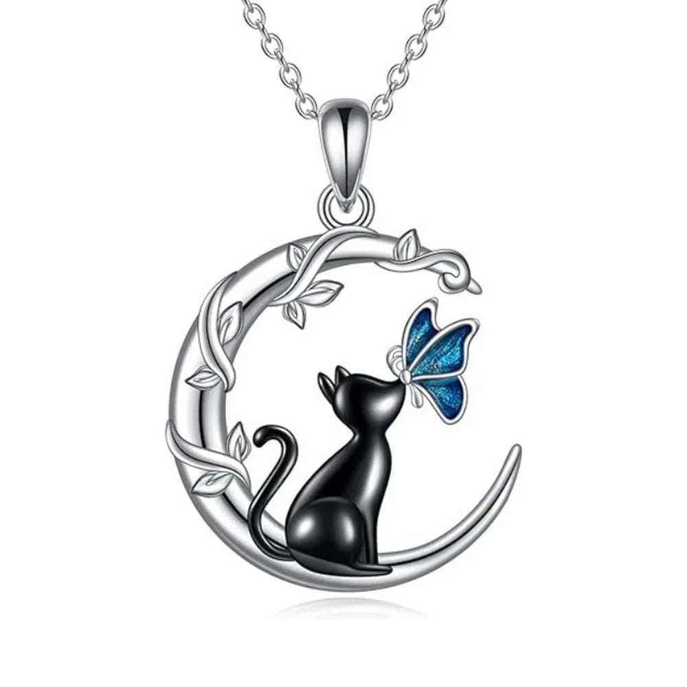 Collier Pendentif Cristal Lune Chat Papillon