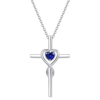 Collier Croix en pierre de cœur de saphir | Or Blanc