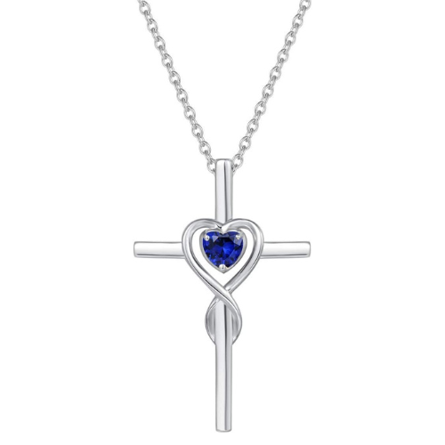 Collier Croix en pierre de cœur de saphir | Or Blanc