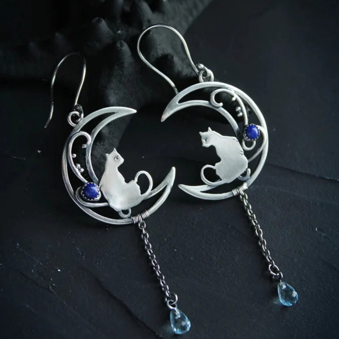 Boucles d'oreilles Boho Chat Zircone Bleue en Argent Sterling