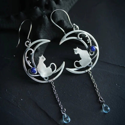 Boucles d'oreilles Boho Chat Zircone Bleue en Argent Sterling