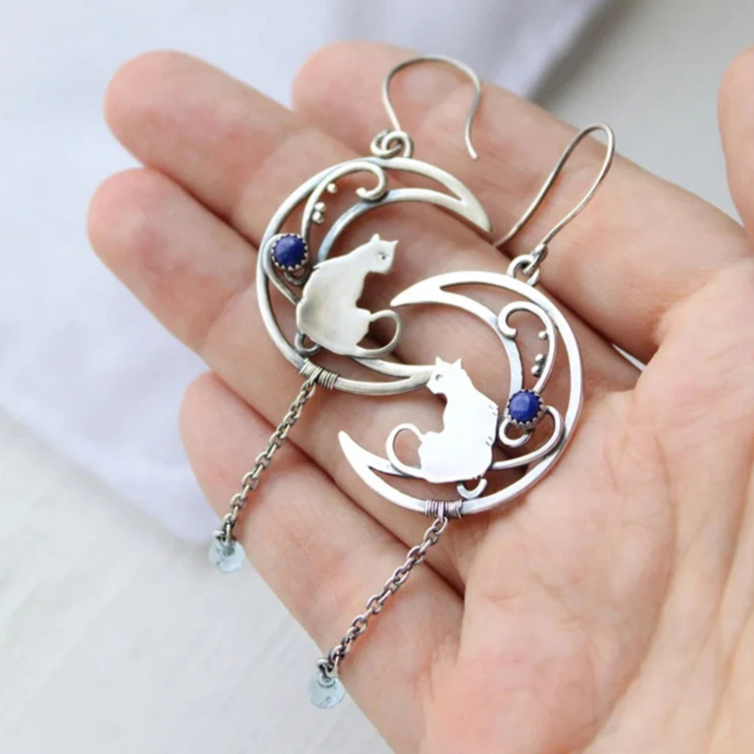 Boucles d'oreilles Boho Chat Zircone Bleue en Argent Sterling