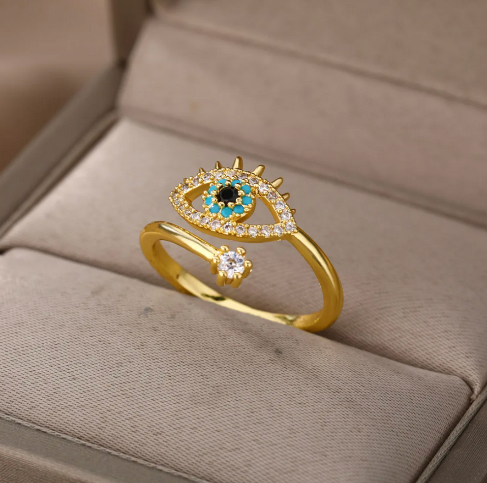 Bague Tourbillon Mauvais œil Plaquée Or - Style Enveloppant, Pierre Bleue, Bijou De Protection