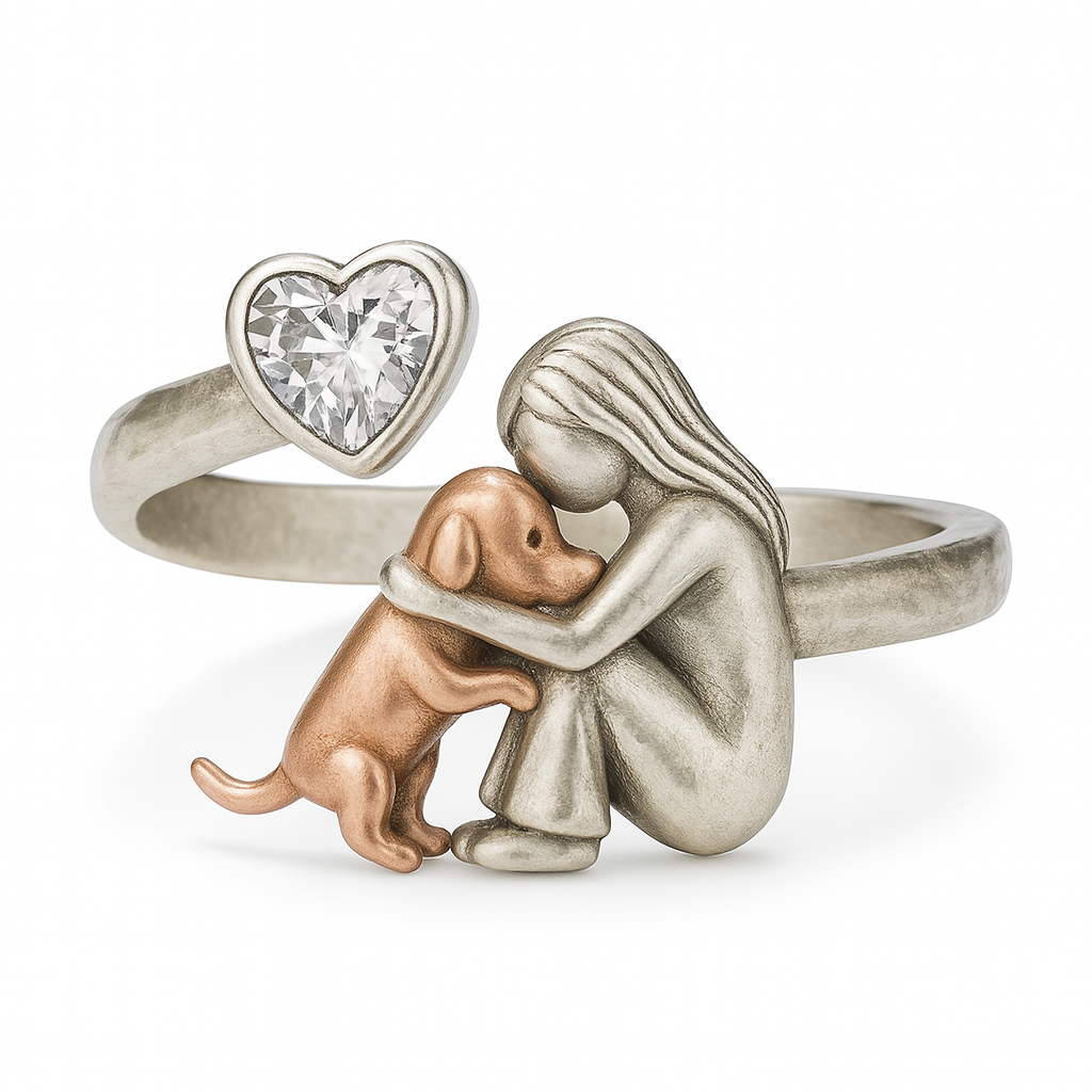 Bague Chien en Argent Sterling 925 Faite Main avec Zircone en Forme de Cœur – Taille Réglable