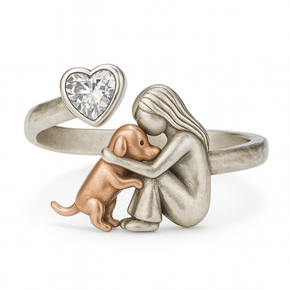 Bague Chien en Argent Sterling 925 Faite Main avec Zircone en Forme de Cœur – Taille Réglable