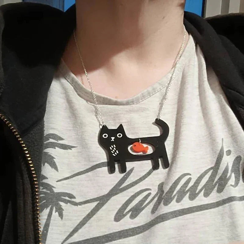 Collier Pendentif Acrylique Fantaisiste Chat et Poisson