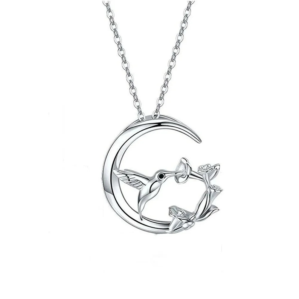 Collier Pendentif Argent Oiseau Lune Vintage