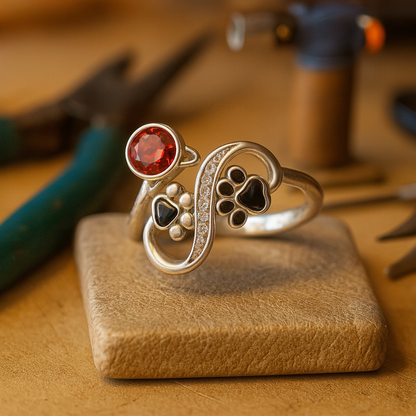 Bague Noire Empreinte Patte Réglable Avec Pierre Rouge