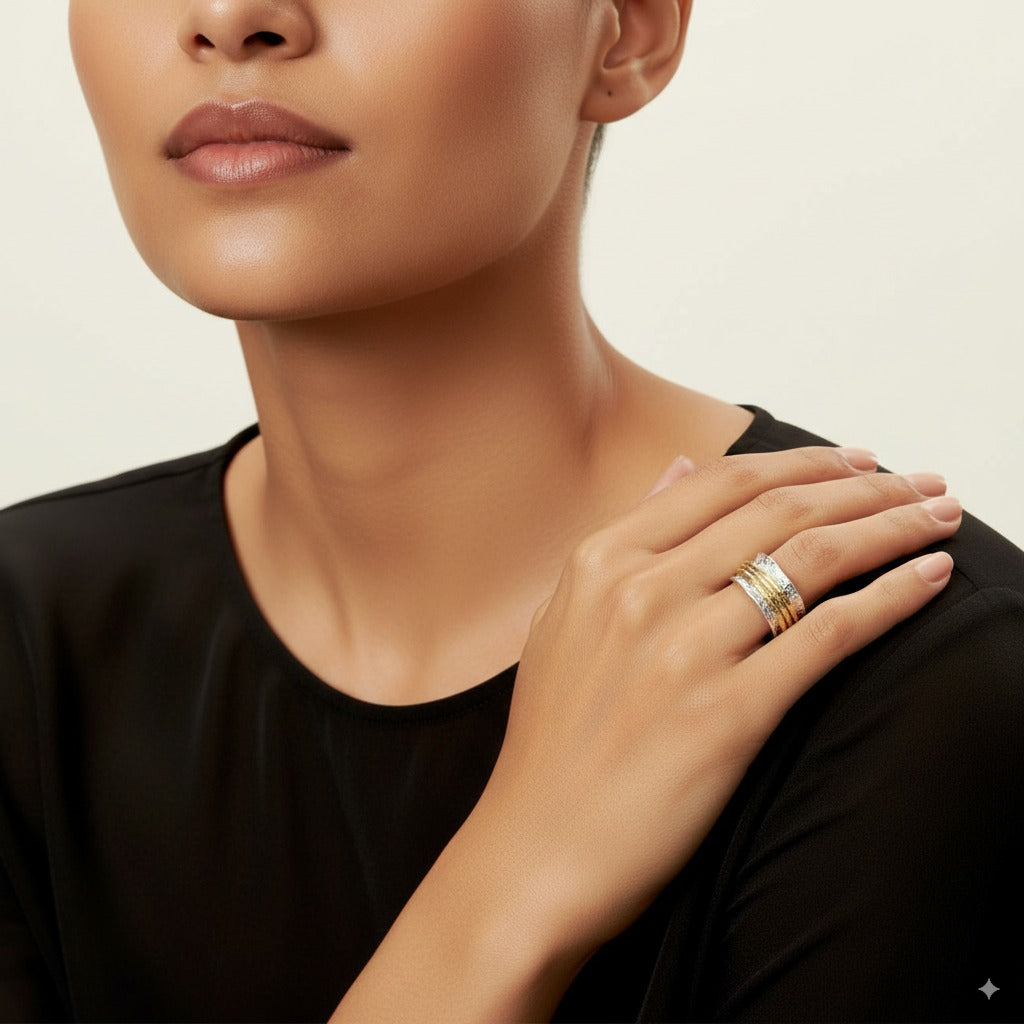 Bague Vintage Spinner mince en or et argent