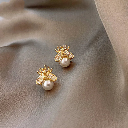 Boucles d'oreilles Fines Abeille Perle – Bijou Ton Or Élégant pour Femme