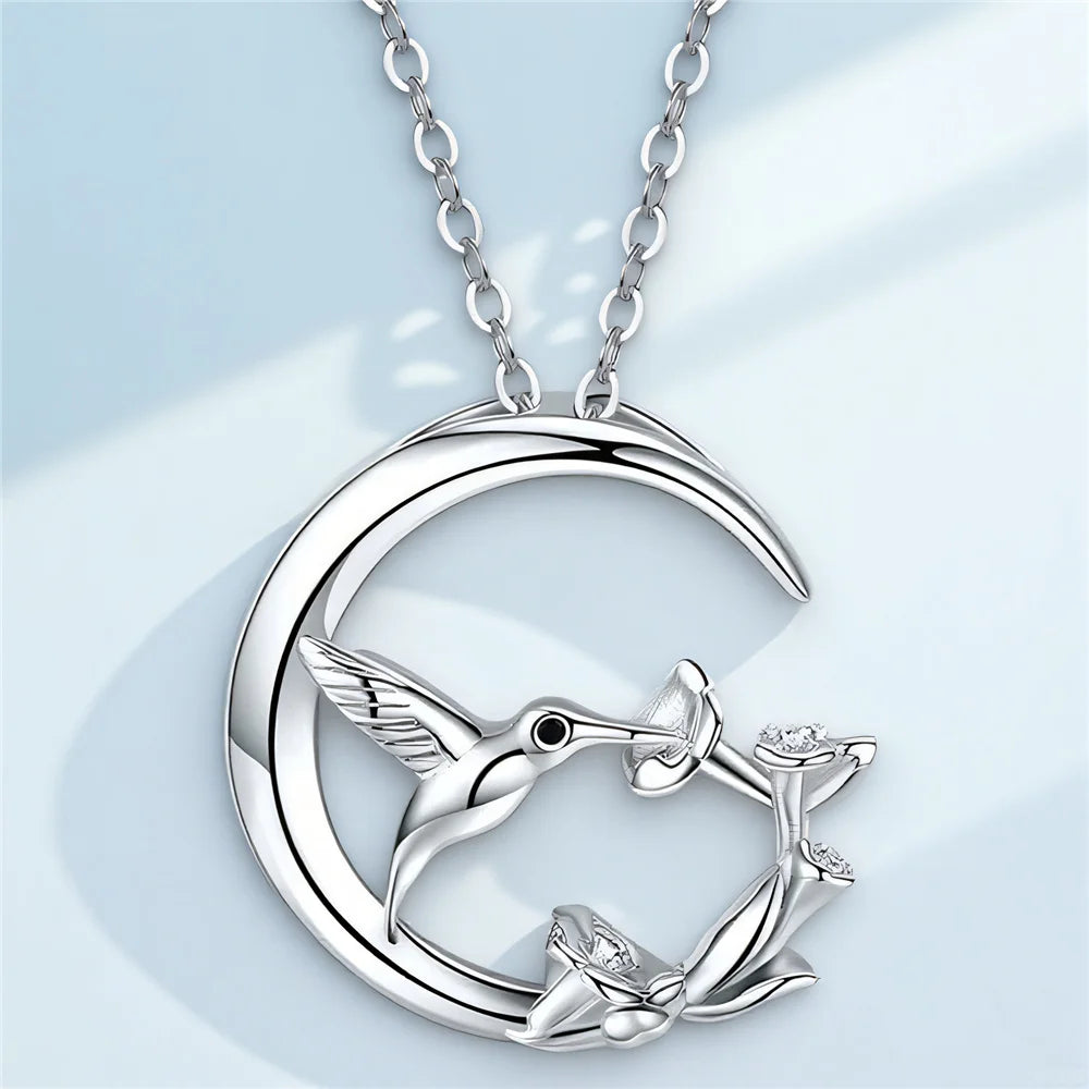 Collier Pendentif Argent Oiseau Lune Vintage