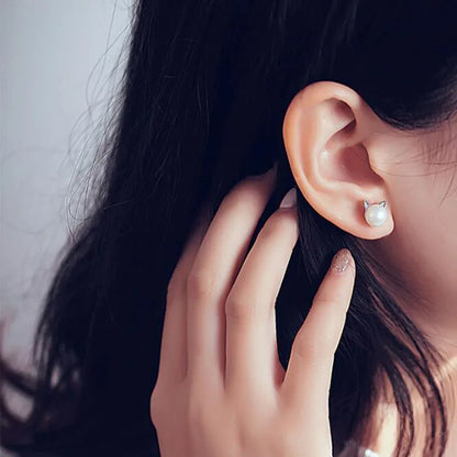 Boucles d'oreilles Fines Chat en Perles d'Argent Sterling